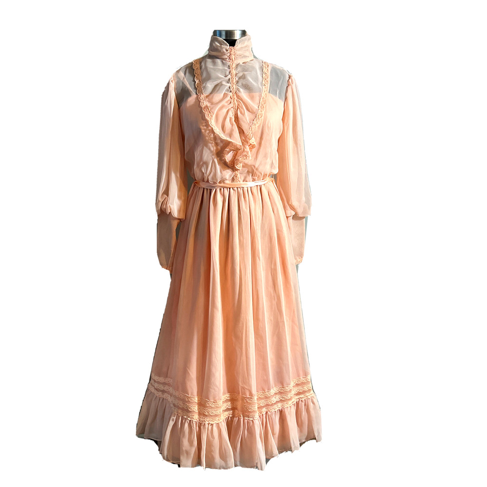 Vintage 1970s Pink Prairie Dress Victorian Lace Ruffle Maxi Cottagecore